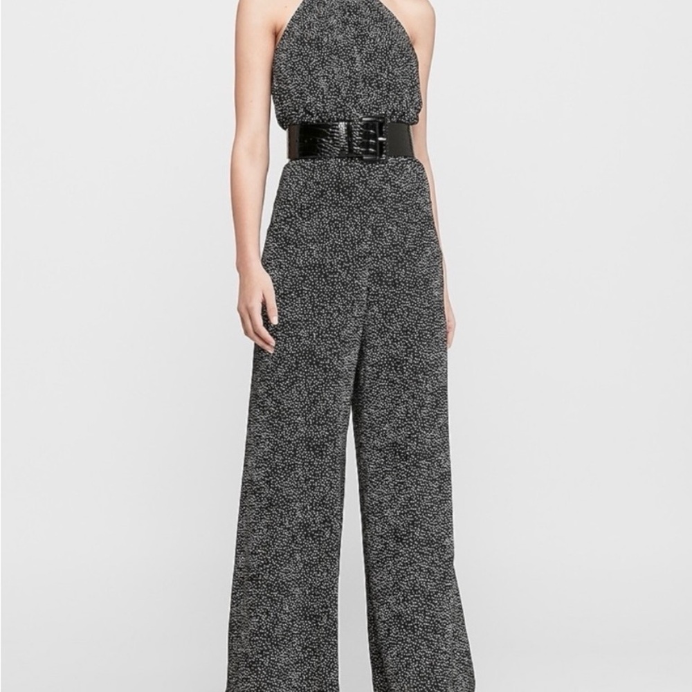 Express Black And White Speckle Halter Wide-Leg Jumpsuit